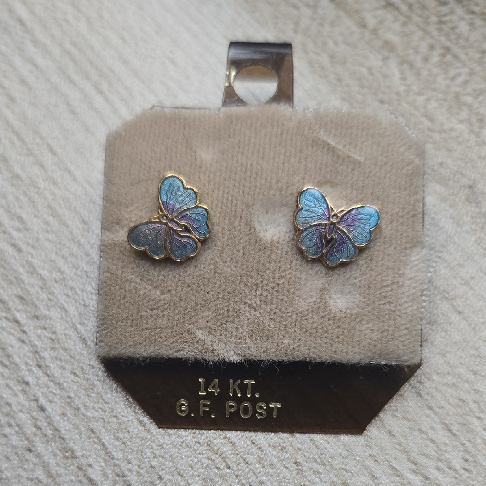 Vintage Cloissone Butterfly Stud Earrings Blue And Purple 14 K.t. G.f. Posts